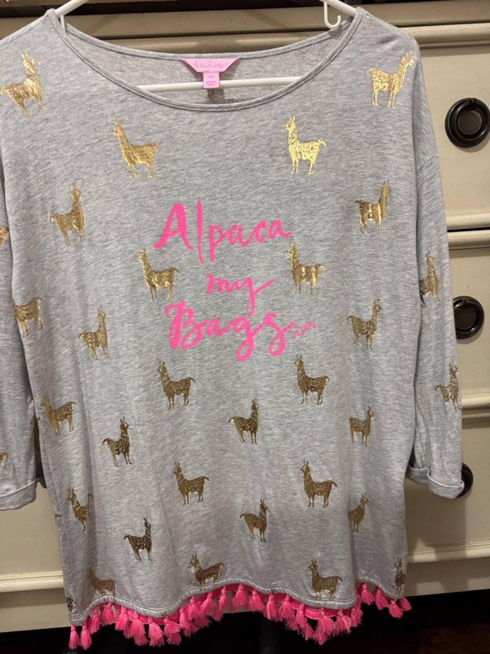 Lilly Pulitzer Gray Tee with Gold Alpaca Print and Pink Script
